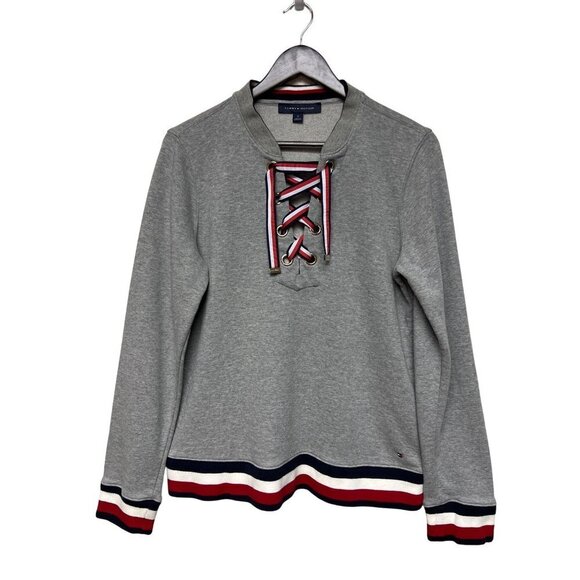 Tommy Hilfiger Tops - Tommy Hilfiger Grey Long Sleeve Hockey Lace Up Sweatshirt Women's Size Medium
